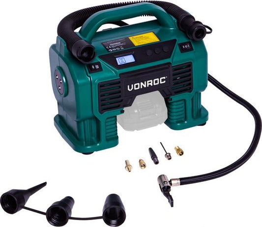 VONROC Accu-Kompressor - VPower 20V - Ohne Akku & Ladegerät - 20V Akku & 12V Anschluss - 11 bar - Inkl. 8 Zubehörteile