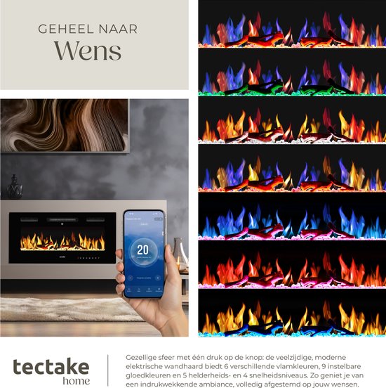 tectake® Wandkamin - Elektrokamin - Atmosphärischer Kamin - 91,5 x 12 x 43 cm - 900W & 1800W - Steuerung per Fernbedienung oder App - mit Thermostat - Ofen - mit Heizung - Kamine - Holz- und Glüheffekte - 3D-Flammen - Timer
