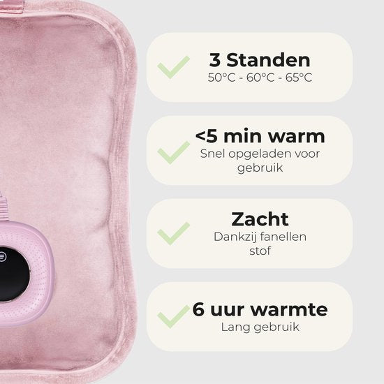 STAUS&BACH Elektrische Wärmflasche - Mit Hülle - 3 Wärmestufen - 2 bis 10 Stunden warm - Pink
