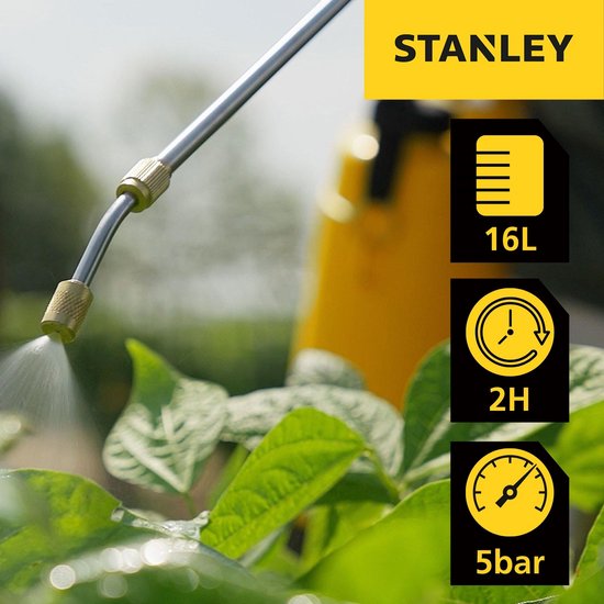 Stanley Drucksprühgerät 16 L hinten, Rückensprühgerät Garten, Drucksprühgerät, elektrisch, wiederaufladbare Lithium-Batterie, Teleskoplanze, verstellbare Düse, Autonomie 2 h, max 5 bar, 0,60 l/Minute, gelb/schwarz