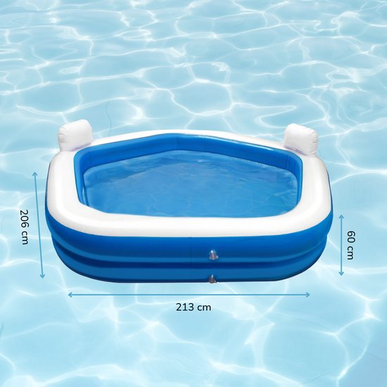 Creative Kids Familien Pool - Aufblasbar - 2 Liegestühle - 213 x 206 x 60 cm - Mit Getränkehalter und Kopfstützen - Weiß/Blau