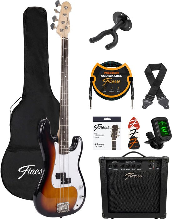 Finesse E-Bass mit Verstärker – Starter-Set – Erwachsene – Kinder – Sunburst