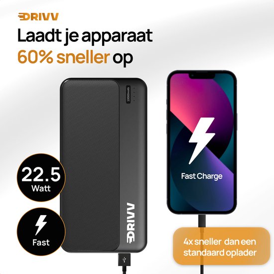 Drivv. Powerbank 10.000 mAh - 22,5W Schnellladegerät - Schnellladung USB 3.0 - USB C - Geeignet für Samsung / iPhone / mehr - Schwarz