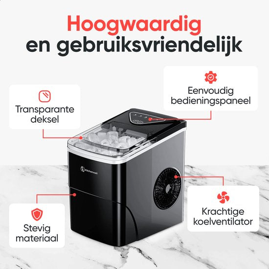 Kitchenwell Eiswürfelbereiter - 2L - Mit Eisportionierer - 12kg/24 Stunden - Selbstreinigungsfunktion - Schwarz