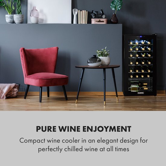 Klarstein Shiraz 28 Uno Weinkühlschrank – 74 Liter – Platz für 28 Flaschen – mit Touch-Bedienung – Temperaturbereich 5–18 °C – Schwarz