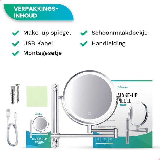 Mirlux Make-up-Spiegel - mit Led-Beleuchtung - Wiederaufladbar - 7-fache Vergrößerung - Durchmesser 20 cm - Chrom