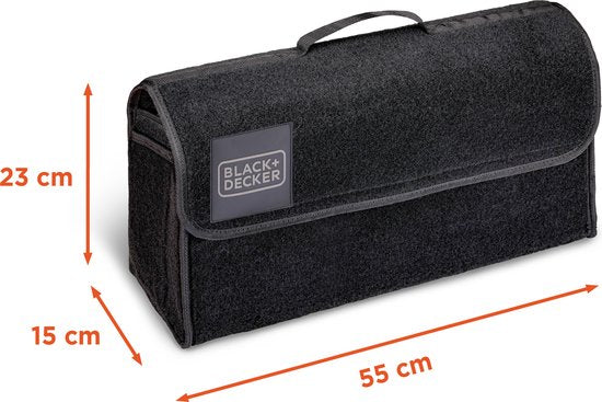 BLACK+DECKER Trunk Organiser - Kofferraumtasche - 55 x 15 x 23 CM - 1 großes Fach und 2 Einsätze - Einkaufen und Autozubehör - Mit Klettverschluss - Schwarz