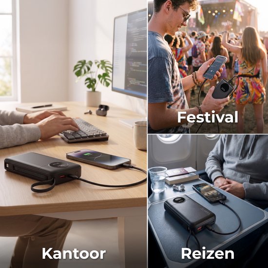 Nuvance Powerbank 20000 mAh – 22,5 W Schnellladegerät mit USB-C und 8-Pin-Anschluss – Notfallpaket – 2 Anschlüsse – 2 integrierte Kabel – Powerbank