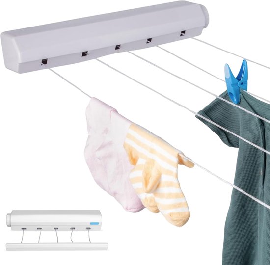 Wand-Wäscheleine ausziehbar - 5 Leinen - 4m Draht - Wäscheständer zum Aufhängen - Wäscheständer zum Aufhängen - Geeignet für Camping, Wohnmobil, Zelten - Ausziehbar - Rollen-Trockenleine - Gestelle - Für draußen und drinnen - Ausziehbar - Luft