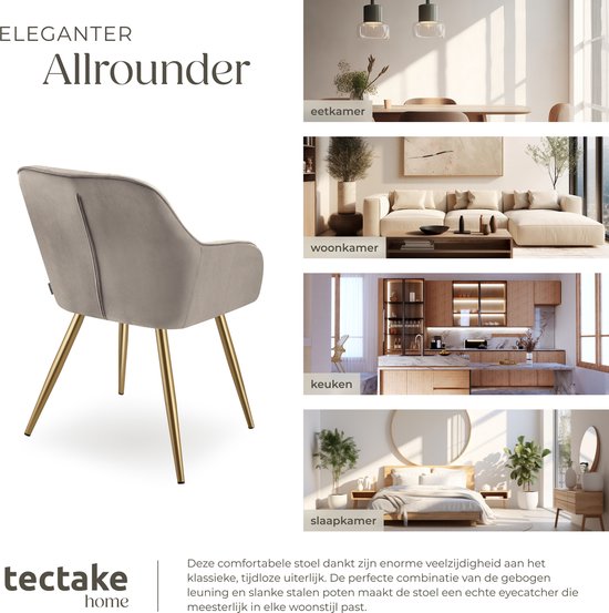 tectake Velvet Chair - Esszimmerstuhl mit gestepptem Samtstoff, moderne Küchenstühle, bequemer Sessel für Wohnzimmer, Esszimmer, Lounge - taupe / gold
