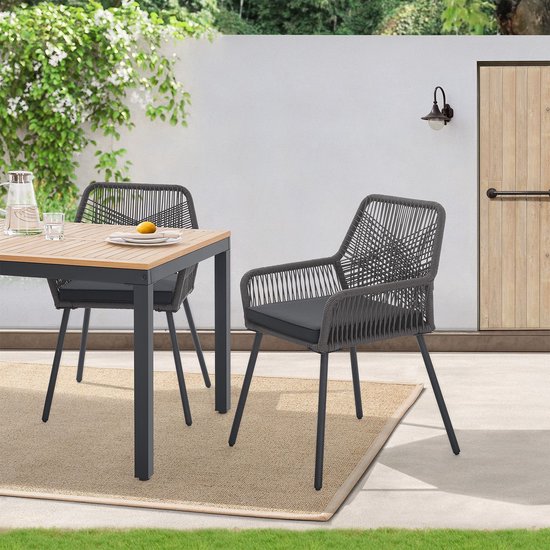 2 Stück Gartenstuhl Kastos mit Seilgeflecht - Grau - inkl. Sitzkissen