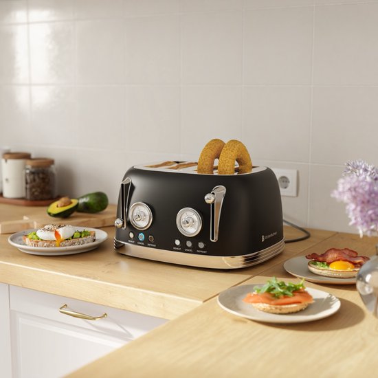 KitchenBrothers Retro-Toaster - Toaster - 6 Heizstufen - 4 extra breite Schlitze - 815W - Schwarz