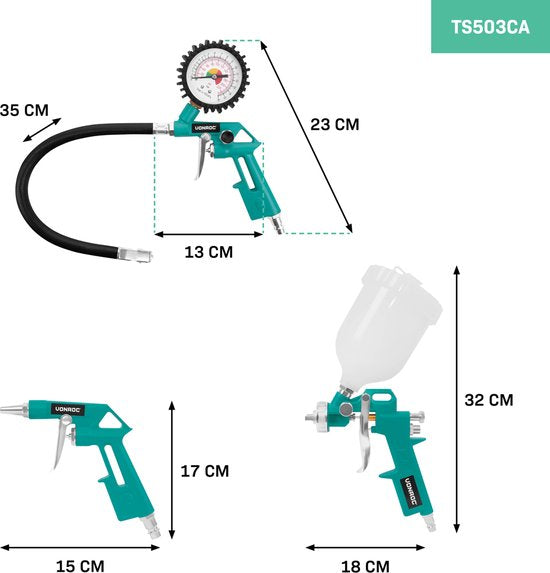 VONROC Druckluftwerkzeug-Set - 4-teilig - Reifenpumpe, Luftpistole, Farbspritzgerät und 5m Spiralschlauch - Universal EURO/DIN 7,2mm Kupplung