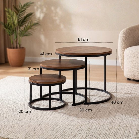 Bayt Couchtisch - Couchtisch-Set - Runder Salontisch - Set 3 Stück - Beistelltisch - Couchtisch - Holz - Braun
