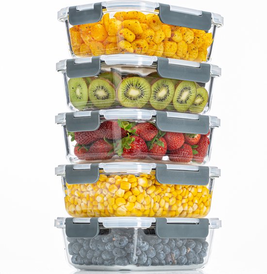 Stosh Meal Prep Trays - Frischhalteschalen - Gefrierschalen - Luftdicht - 5 Stück - 1L - BPA frei - Glas