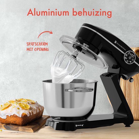 KitchenBrothers Küchenroboter - Touch Display und Timer - Küchenroboter - 6.2L - 1800W - Küchenmaschine - Aluminium - Schwarz