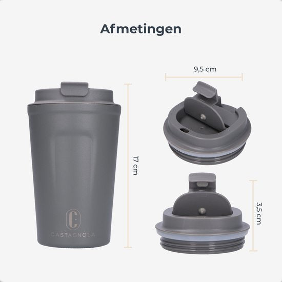Castagnola Thermos Cup - Kaffeebecher To Go - Reisebecher für Kaffee und Tee - Teebecher - 380 ML - Edelstahl - Grau