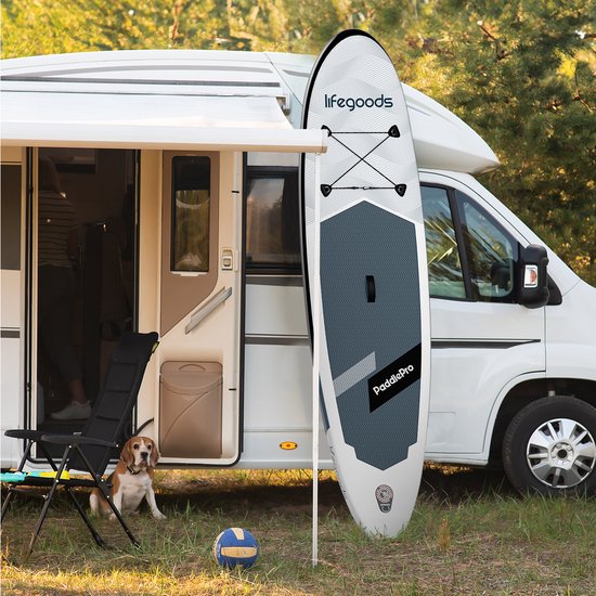 LifeGoods SUP Board All-round Compact - 100 KG Belastbarkeit - 300 x 76 cm - Aufblasbar - SUP-Komplettpaket - Weiß/Schwarz