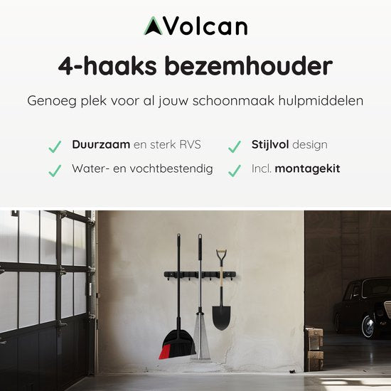 Volcan Besenhalter - Besen Aufhängesystem Gartengeräte - Werkzeughalter - 3M Band - 3 Halter 4 Haken - Edelstahl Schwarz