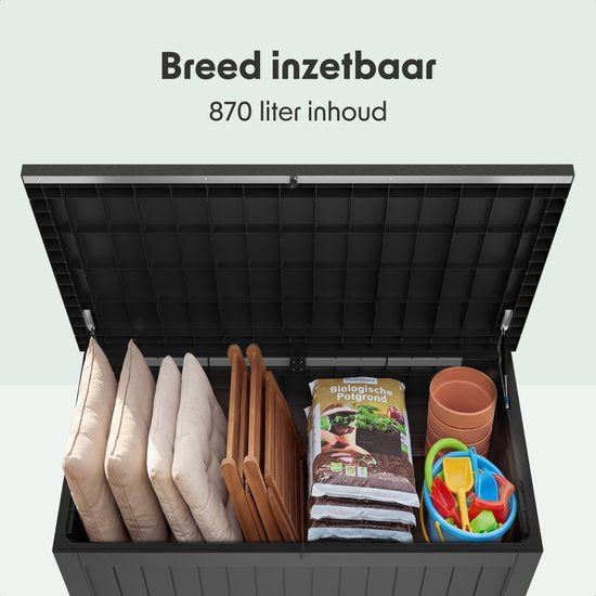 LifeGoods Aufbewahrungsbox - 870L - Kissenbox - Wasserdicht - Garten-Kissenbox - Rostfrei - Gartenbox - 146.5x81.5x85.6 cm - Schwarz