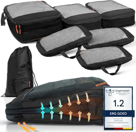 LOONARA Packwürfel - mit Kompression für Koffer und Rucksack - inkl. Packsack - Schwarz