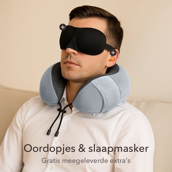 SKYCASES Travel Essentials - Nackenkissen-Set 3-teilig - Ergonomisches Memory Foam Reisekissen mit Augenmaske und Ohrstöpsel - Ideal für Flugzeug, Auto und Zug - Kompakt und luxuriös - Hellgrau