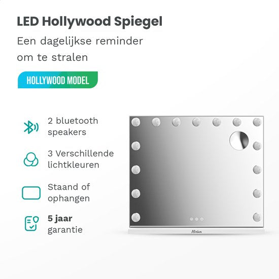 Mirlux Hollywood Mirror 58x48CM - Bluetooth-Spiegel mit 2 Lautsprechern - Schminkspiegel mit Beleuchtung - 15x LED-Lampen - 3 Lichtmodi - 10-fache Vergrößerung - Hollywood-Spiegel mit USB & USB-C - Luxuriöser weißer Schminkspiegel für Schminktisch oder Ba