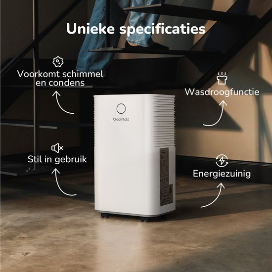 Bloomfold Luftentfeuchter - 12L pro Tag - Inkl. Wasch-Trocken-Funktion - Geeignet für Wohnzimmer, Schlafzimmer, Keller & Badezimmer - Weiß