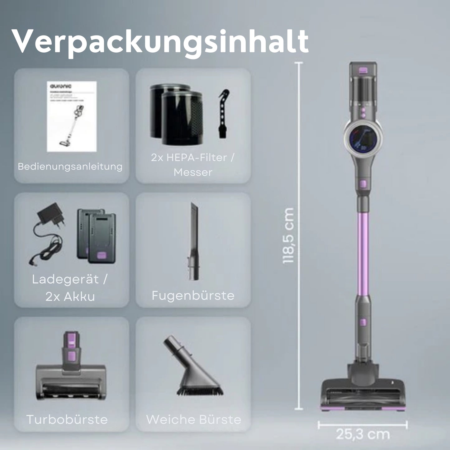 Auronic Stick Staubsauger - Kabellos - Beutellos - Akkubetrieben - Selbstständig - 350W - Extra Akku - Staubsauger - Grau/Lila