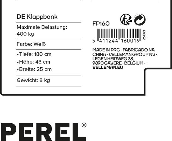 Perel Klapptisch, klappbar, wetterfest, Griff, maximal 100 kg, weiß