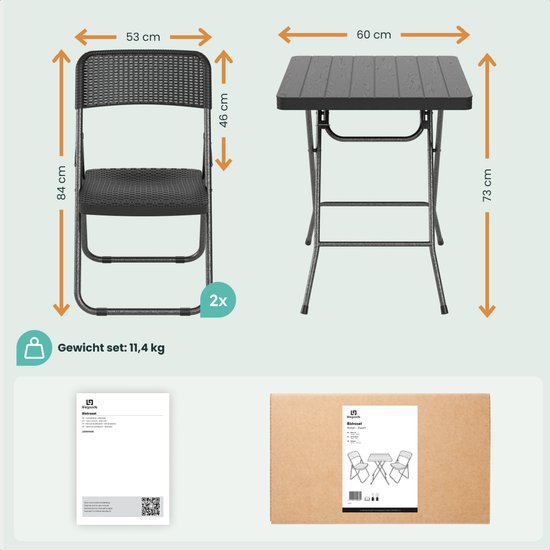 LifeGoods Bistro-Set - 3-teilig - klappbar - Rattan-Look - Garten-Set mit Beistelltisch - Schwarz - 200kg Tragkraft - wetterfest
