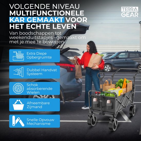 TerraGear Faltbarer Wagen - Wagen mit Dach und Griff - Schwarz - 120L Fassungsvermögen - 150KG Tragfähigkeit
