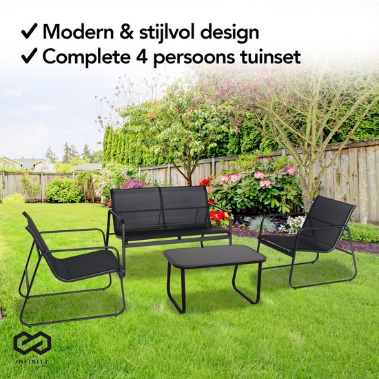 Infinity Goods Tuinset - Loungeset - Tuinmeubelen - Tuinbank - Tuinstoelen - Tuintafel - Glazen blad - 4 Persoons - Zwart/Antraciet