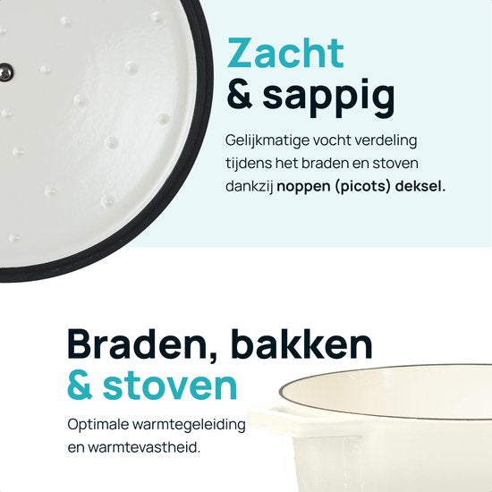 MOA Gusseisen-Kasserolle - 7,2L - Für alle Wärmequellen inkl. Induktion - Mit Deckel - Ø 30cm - Antihaftbeschichtung - Weiß