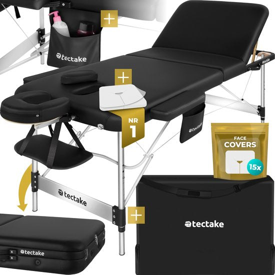 tectake 3 Zonen Massageliege - Behandlungsliege inkl. Tragetasche - 5 cm starke Polsterung - Aluminiumrahmen - 78 cm breit - 230kg Belastbarkeit - Inkl. 15 Kopfstützen - Schwarz