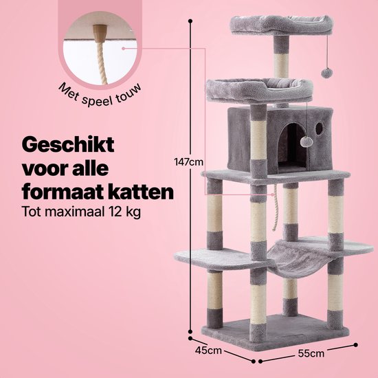 Jake und Jacky Kratzbaum für Katzen – Katzenkratzbaum – Kratzmöbel – Katzenbaum – Kratzbäume – Katzenhaus – Hellgrau – 147 cm hoch