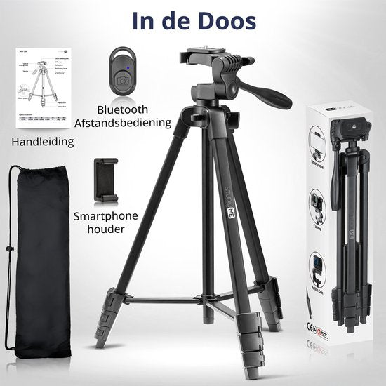 Studio ME Telefonstativ - 136 cm - Stativ Smartphone - Schwarz - Kamerastativ - Telefonhalterung - Inkl. Bluetooth-Fernbedienung - Stativ Telefon
