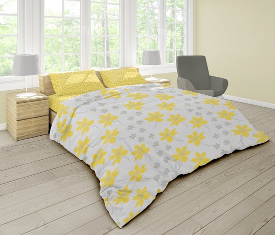 Vitality Pur Cressida Bettbezug - 200x200/220 cm - Inklusive 2 Kopfkissenbezüge - 60x70 cm - 100% Baumwolle - Weiß/Gelb