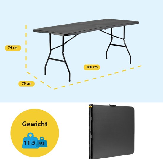 BRASQ Zusammenklappbarer Klapptisch Schwarz - 180x70x74cm- Campingtisch - Klapptisch - Wetterfest - Tisch mit Tragegriff