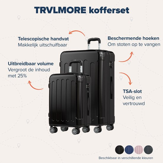 TRVLMORE - Kofferset - 2 Stück - 45L Handgepäck + 115L geräumiges Gepäck - TSA Schloss - Leichtgewicht - Reisekofferset - Trolley - Schwarz