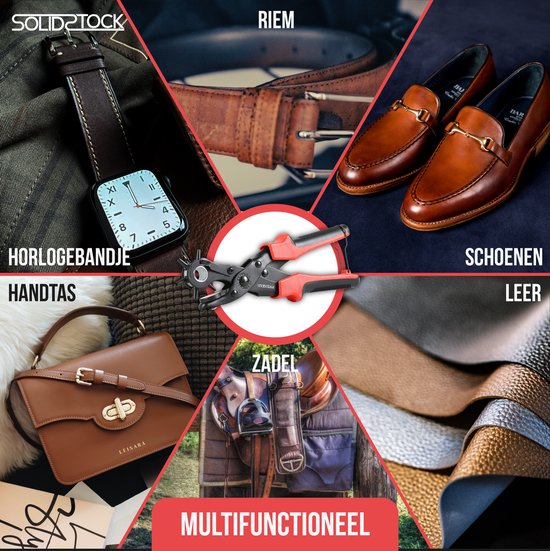 SolidStock Lochzange für Gürtel - mit Messstab - Stanzzange - Revolverzange - Lochzange - Rot
