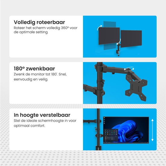 Auronic Monitorarm - Für 2 Bildschirme - 13 bis 27 Zoll - Drehbar, neigbar und schwenkbar - Stahl - Schwarz