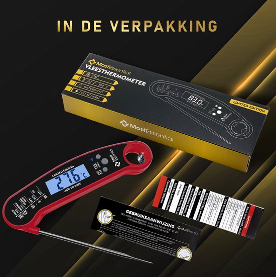 MostEssential Premium Fleischthermometer - BBQ Thermometer - Kernthermometer - Zuckerthermometer - Küchenthermometer - Digital - Kabellos - Wasserdicht - Rot