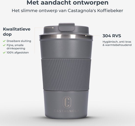 Castagnola Thermos Cup - Kaffeebecher To Go - Reisebecher für Kaffee und Tee - Teebecher - 380 ML - Edelstahl - Grau