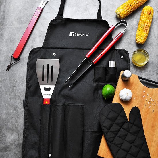 Bergner BBQ Zubehör 7-teiliges Werkzeugset - Edelstahl - Geschenkset - mit Grillschürze