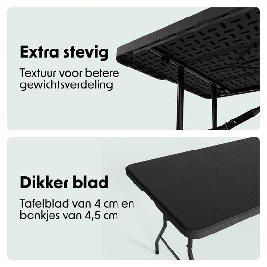 LifeGoods Faltbares Picknick-Set - 180cm x 74cm - Gartentisch mit 2 Bänken - Wetterfest - Campingtisch - Biertisch faltbar - Für Innen und Außen - Für 6 bis 8 Personen - Rattan Schwarz