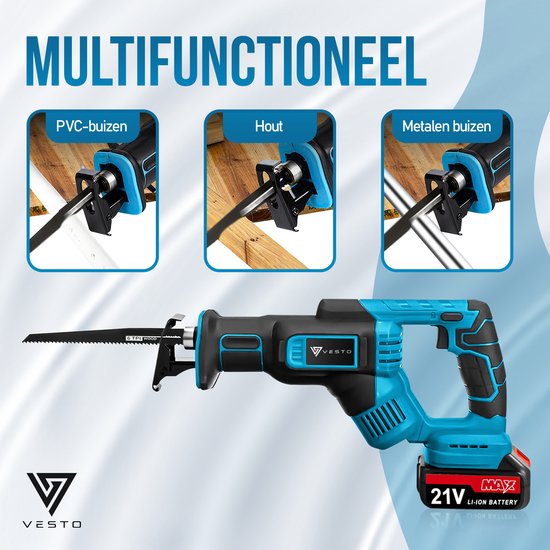 Vesto® Akku-Stichsäge - 21V Li-Ion - Inkl. 2 Akkus, Sägeblätter & Koffer - 25mm Hub - Für Holz, Metall & Kunststoff - Schnellwechselsystem - Kabellos