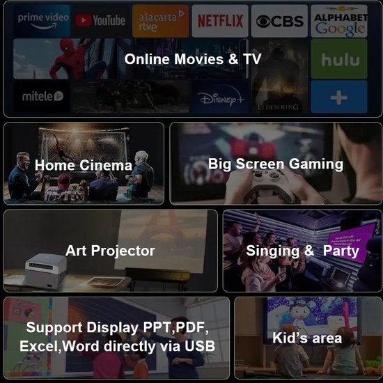 Fuegobird A6 Beamer - 1080P Full HD - Smart Home Projektor - Unterstützung 4K - Android TV 9.0 - 450 ANSI - Streaming mit IOS & Android - Autofokus und 4D Keystone - 2GB RAM+32GB ROM - WiFi6 - 2.4G/5G WiFi - BT5.0 - Netflix/Prime Video/Youtube - Grau