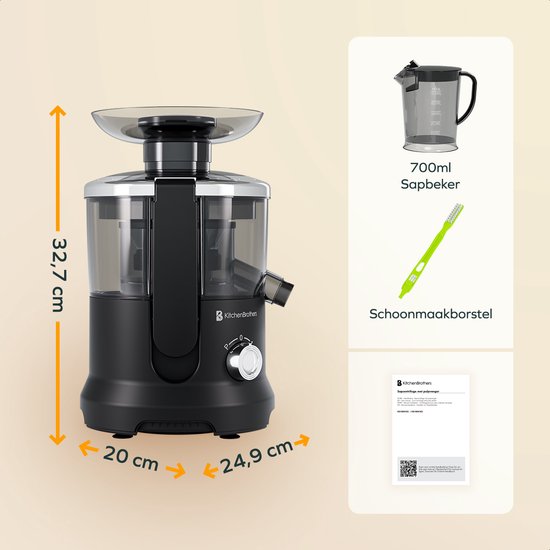 KitchenBrothers Entsafter - für Gemüse und Obst - Entsafter - mit Fruchtfleischbehälter - 500ml - 600W - Schwarz
