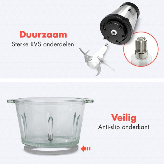 KitchenBrothers Zerkleinerer - Lebensmittelzerkleinerer - Elektrisch - 2 Geschwindigkeiten - 300W - 1.8L - Glasschüssel